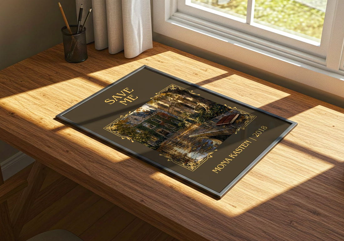 Save Me Classic Book Art Print by Mona Kasten – print on a sunlit desk
