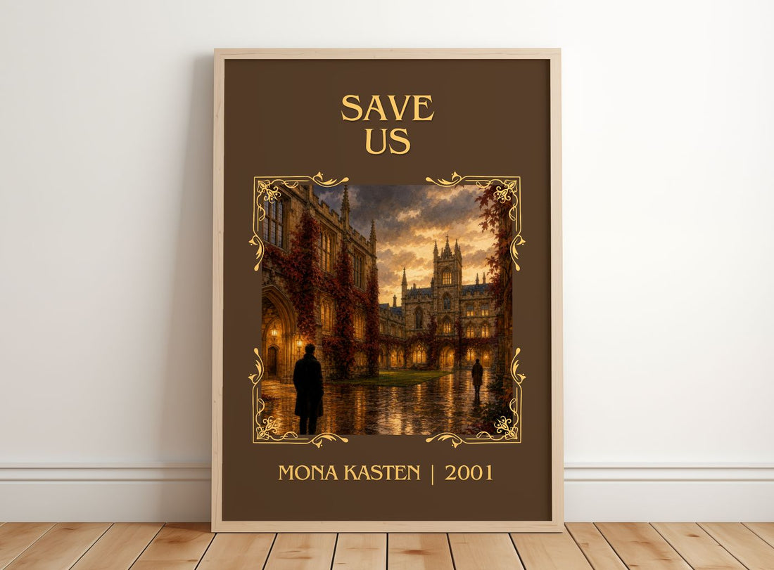 Save Us Classic Book Art Print by Mona Kasten – framed print leaning on a wooden floor