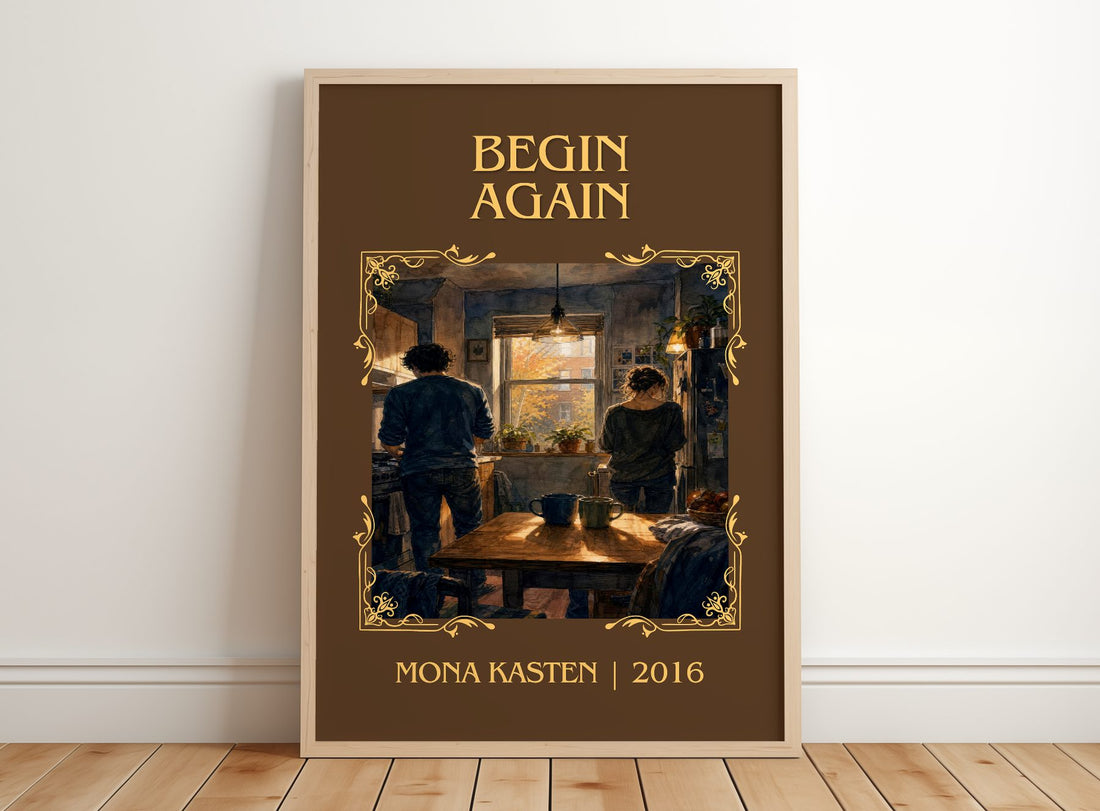 Begin Again Classic Book Art Print by Mona Kasten – framed print leaning on a wooden floor