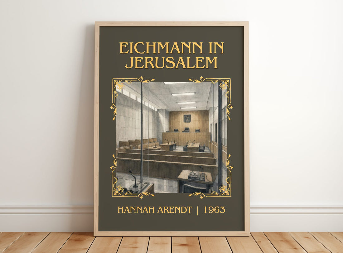 Eichmann in Jerusalem Classic Book Art Print by Hannah Arendt – framed print leaning on a wooden floor