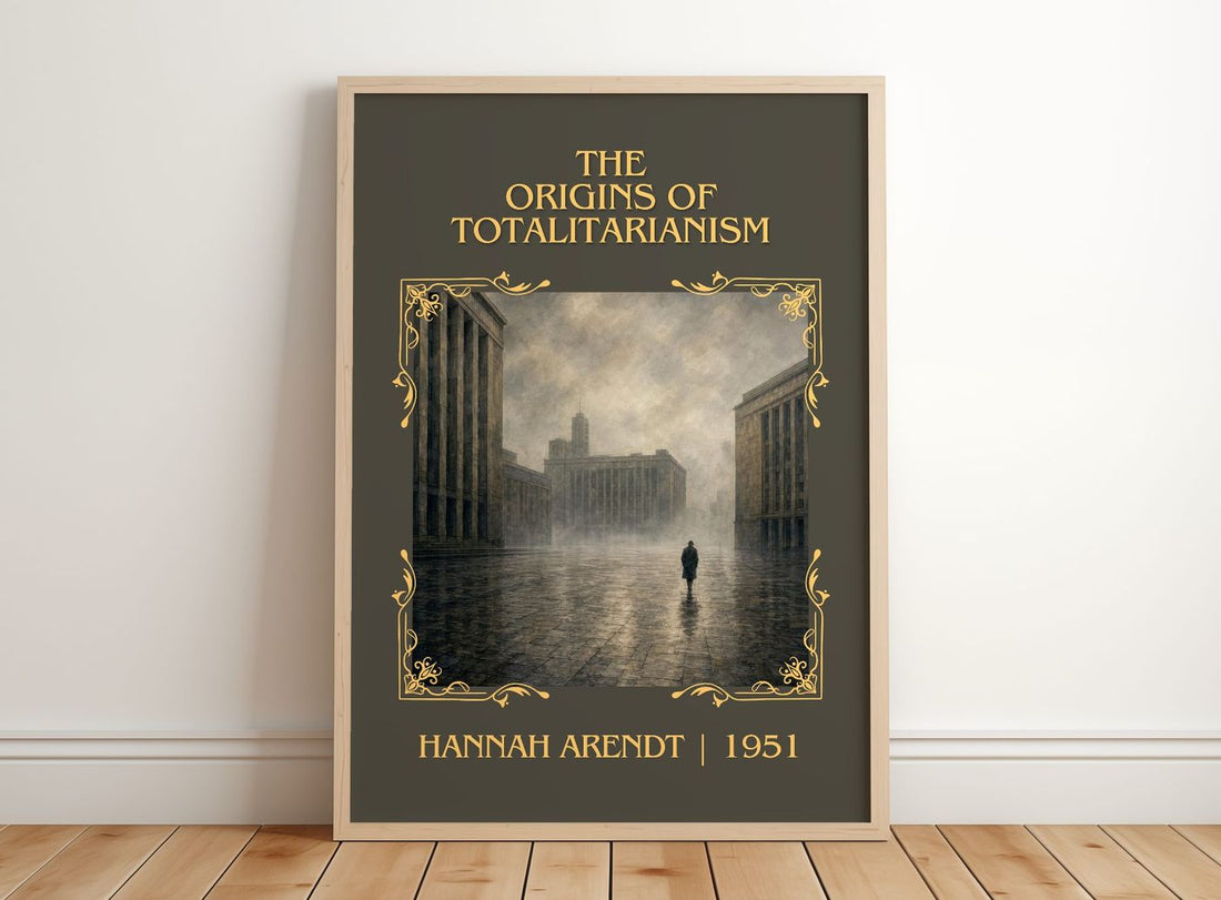 The Origins of Totalitarianism Classic Book Art Print by Hannah Arendt – framed print leaning on a wooden floor