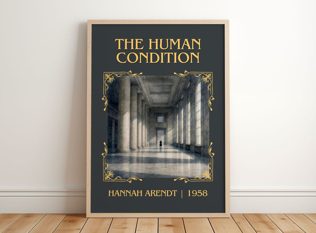 The Human Condition Classic Book Art Print by Hannah Arendt – framed print leaning on a wooden floor