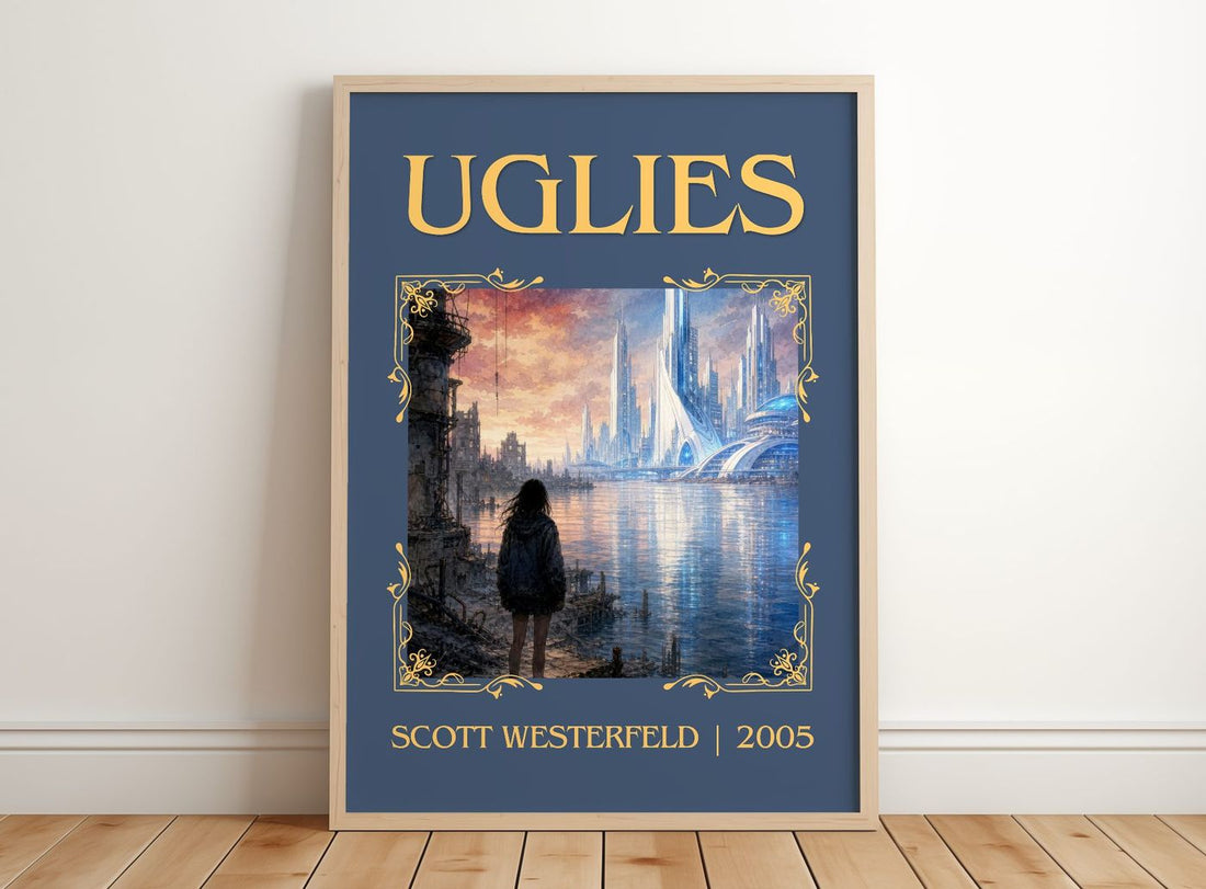 Uglies Classic Book Art Print by Scott Westerfeld – framed print leaning on a wooden floor