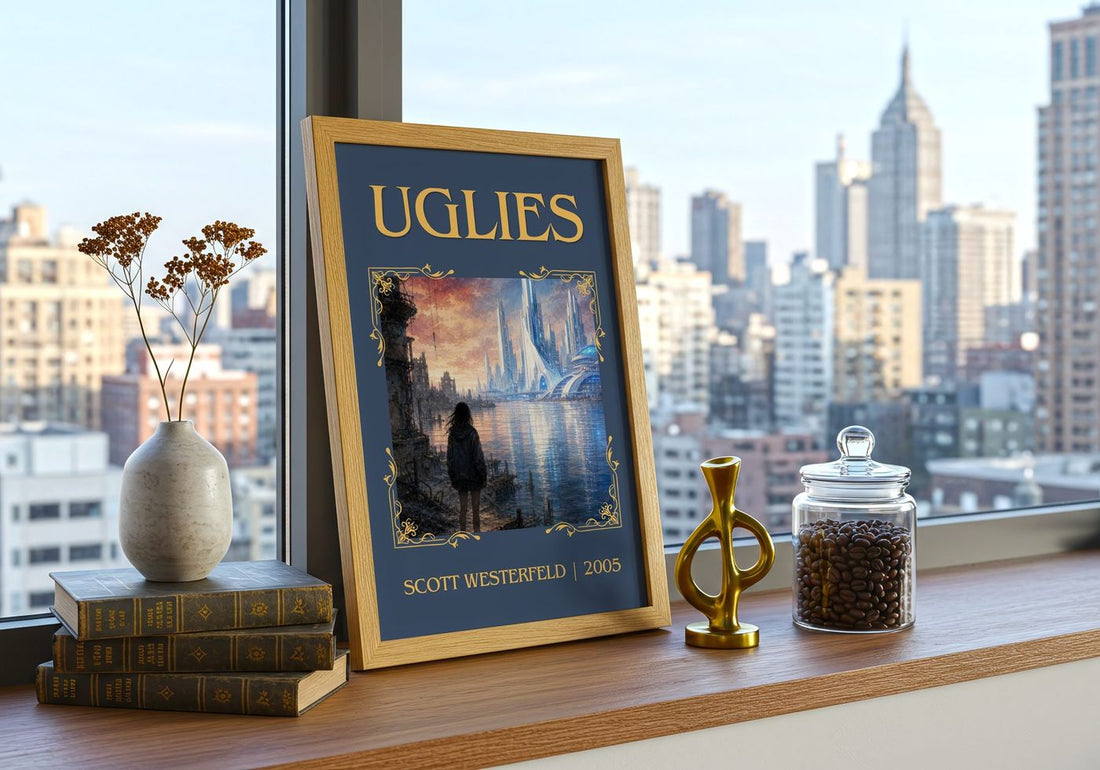 Uglies Classic Book Art Print by Scott Westerfeld – framed print on a city-view windowsill