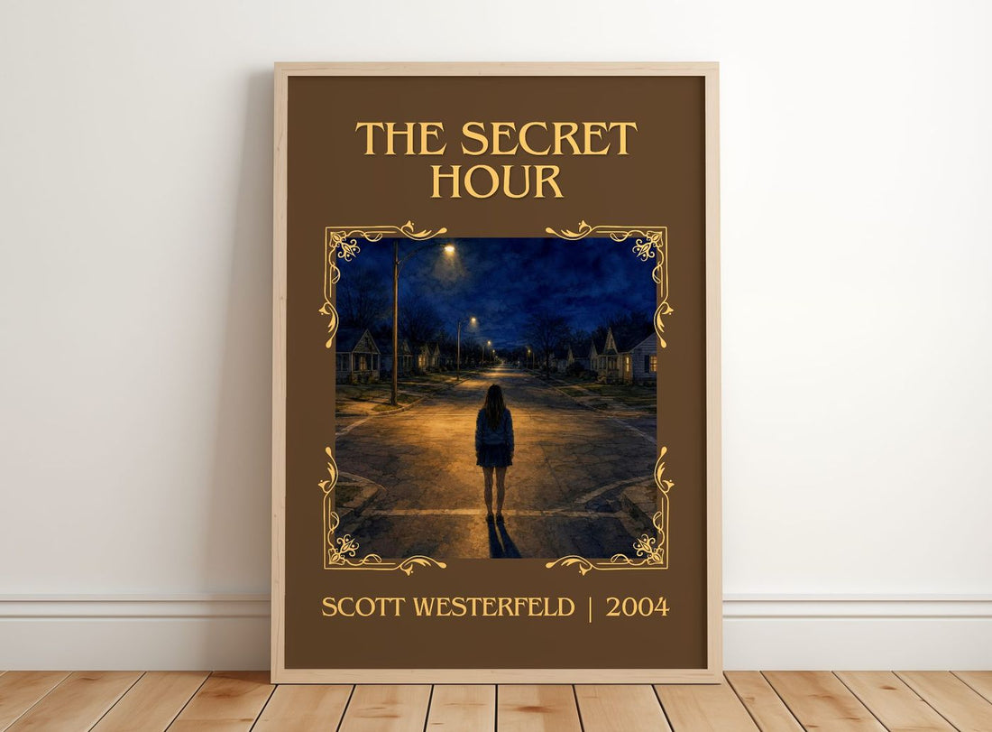 The Secret Hour Classic Book Art Print by Scott Westerfeld – framed print leaning on a wooden floor