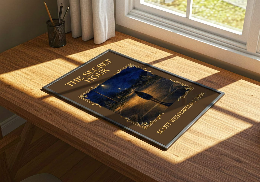 The Secret Hour Classic Book Art Print by Scott Westerfeld – print on a sunlit desk