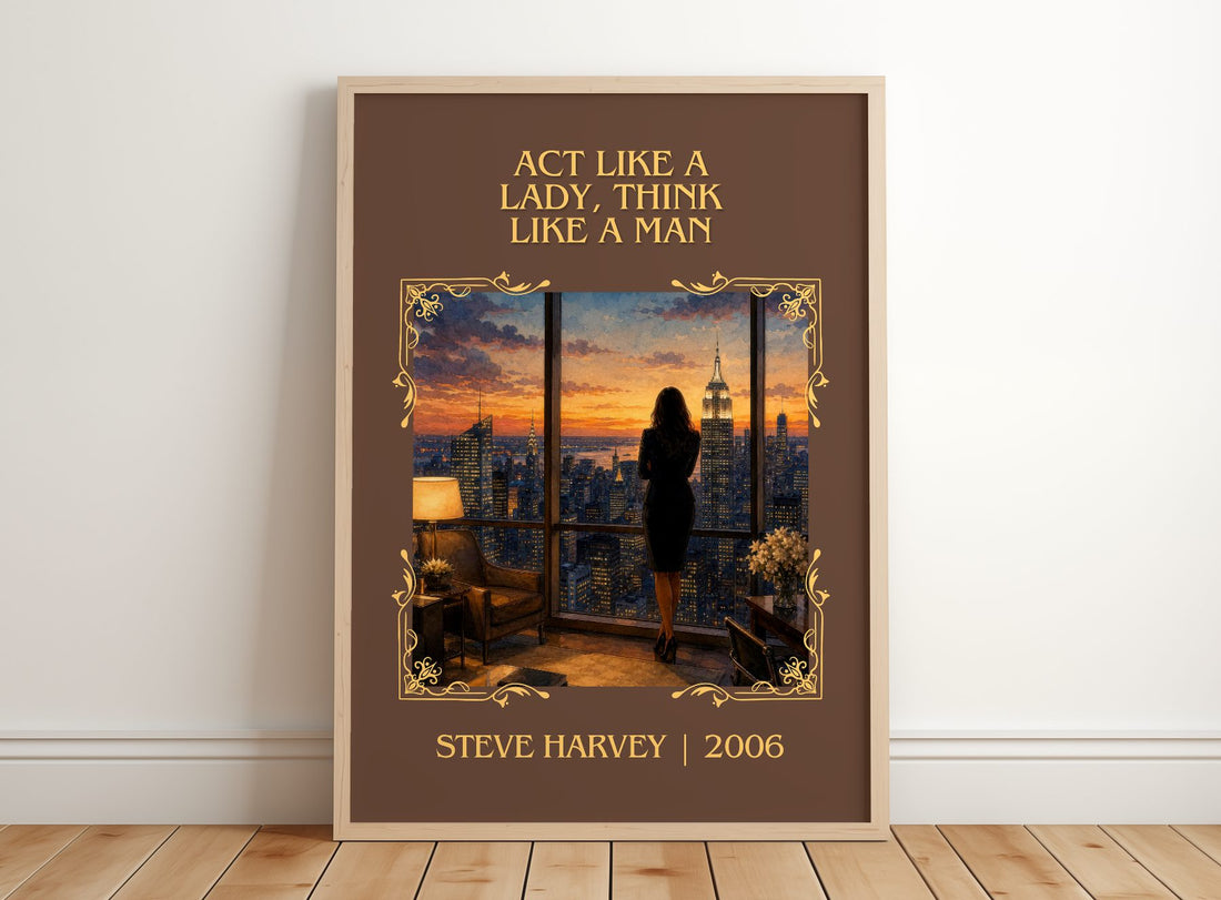 Act Like a Lady, Think Like a Man Classic Book Art Print by S. Harvey – framed print leaning on a wooden floor