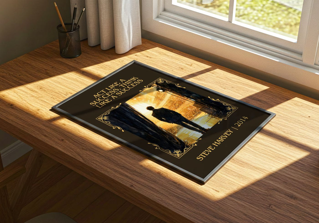 Act Like a Success, Think Like a Success Classic Book Art Print by Steve Harvey – print on a sunlit desk