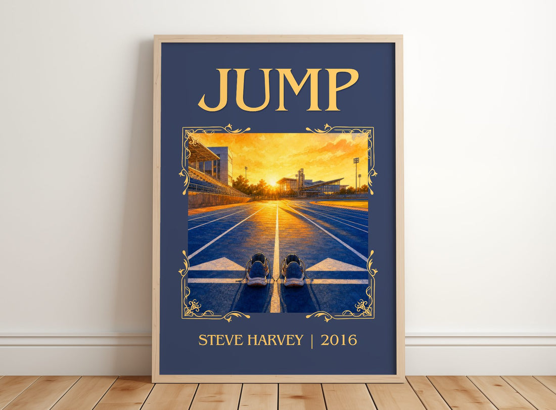 Jump Classic Book Art Print by Steve Harvey – framed print leaning on a wooden floor