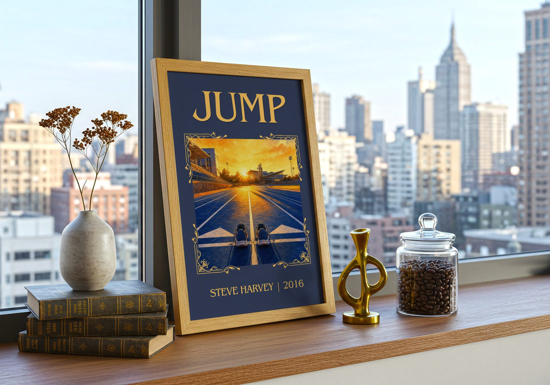 Jump Classic Book Art Print by Steve Harvey – framed print on a city-view windowsill