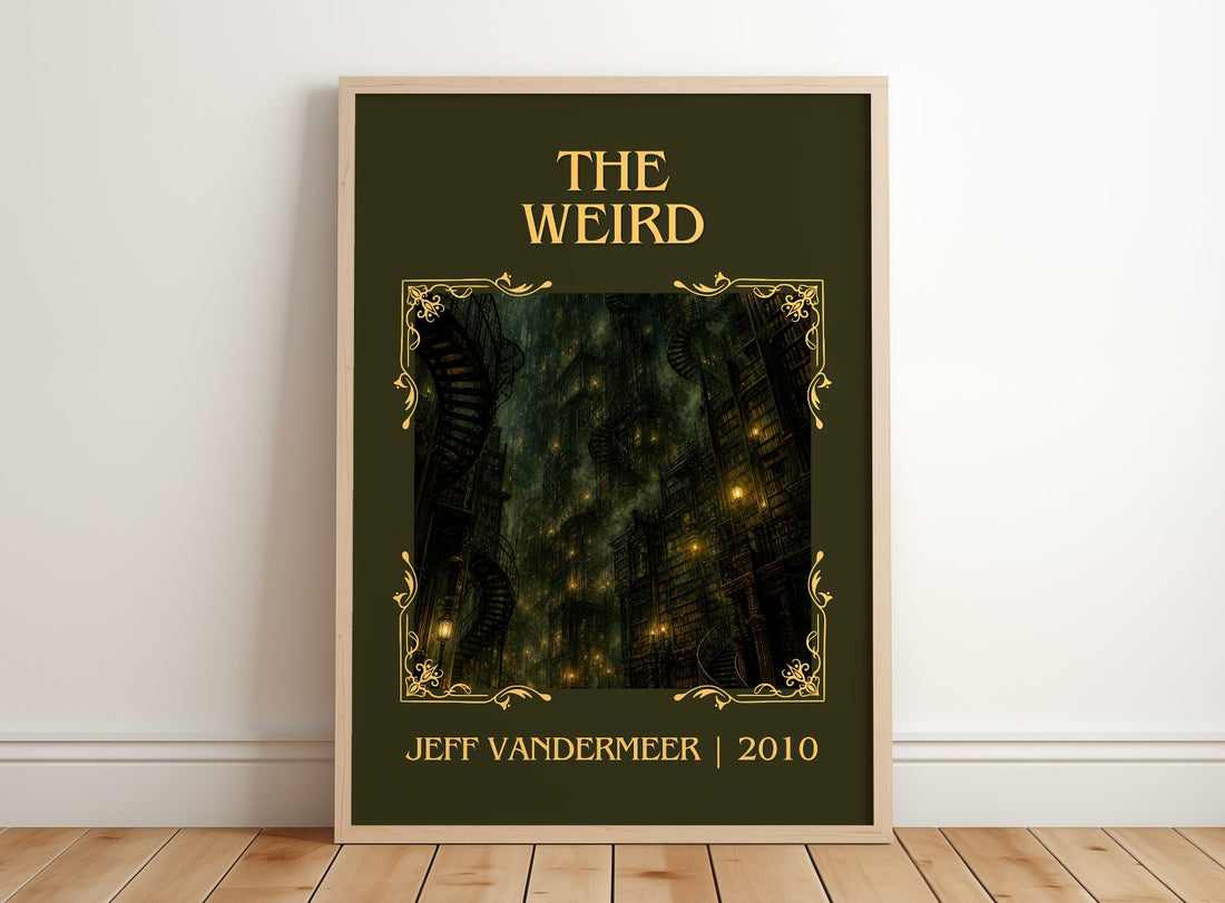 The Weird Classic Book Art Print by Jeff VanderMeer – framed print leaning on a wooden floor