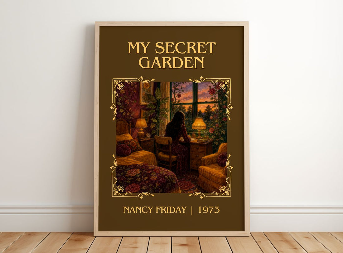 My Secret Garden Classic Book Art Print by Nancy Friday – framed print leaning on a wooden floor