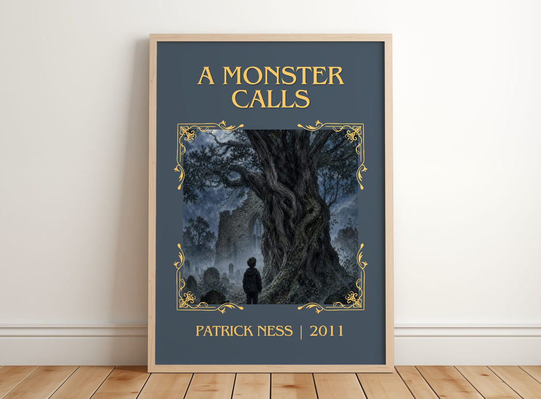 A Monster Calls Classic Book Art Print by Patrick Ness – framed print leaning on a wooden floor