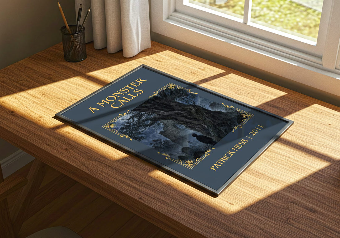 A Monster Calls Classic Book Art Print by Patrick Ness – print on a sunlit desk