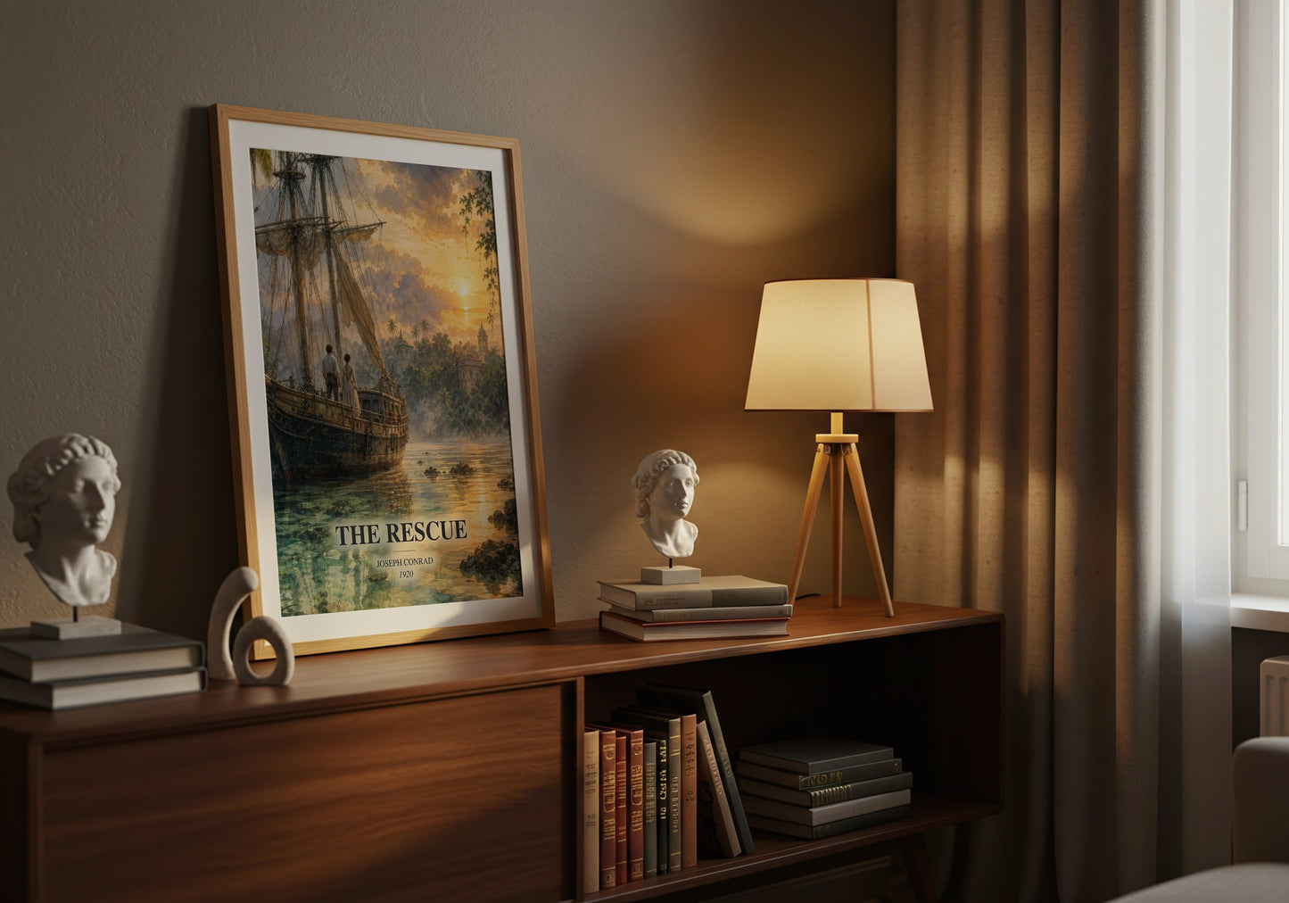 The Rescue watercolour print on bookshelf – Joseph Conrad fan gift