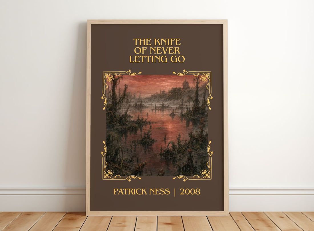 The Knife of Never Letting Go Classic Book Art Print by Patrick Ness – framed print leaning on a wooden floor