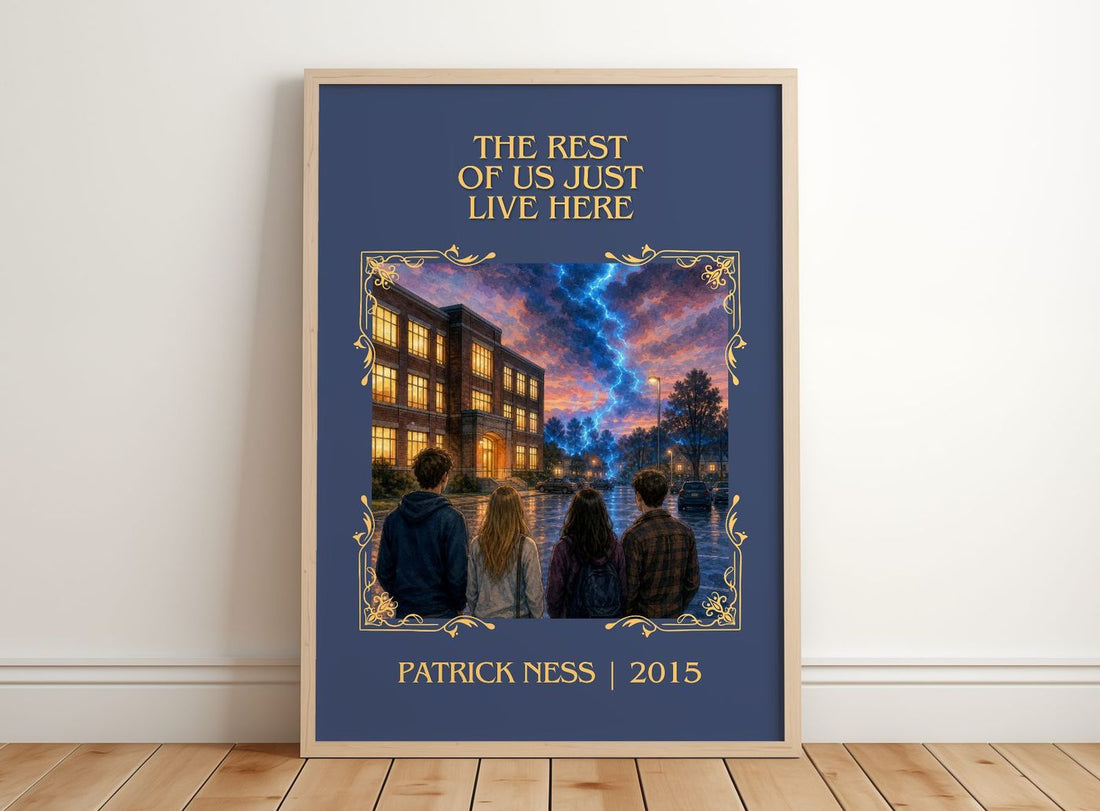 The rest of us just live here Classic Book Art Print by Patrick Ness – framed print leaning on a wooden floor