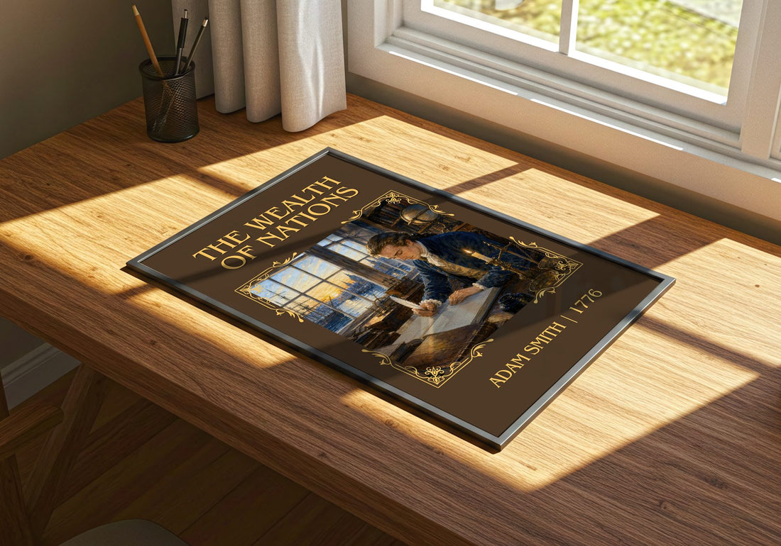 The Wealth of Nations Classic Book Art Print by Adam Smith – print on a sunlit desk