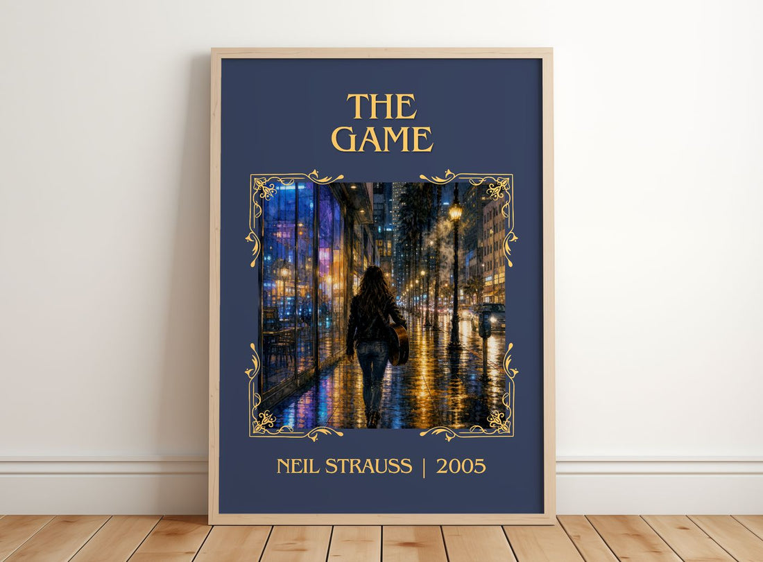 The Game Classic Book Art Print by Neil Strauss – framed print leaning on a wooden floor
