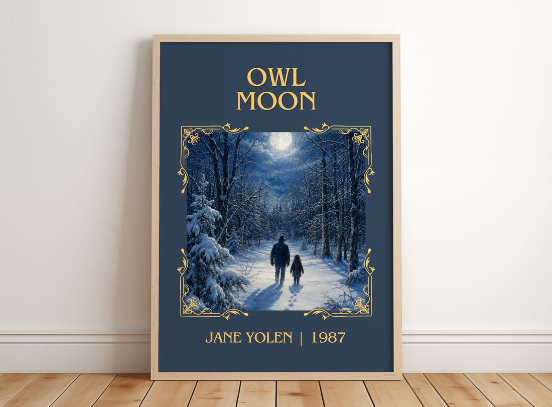 Owl Moon Classic Book Art Print by Jane Yolen – framed print leaning on a wooden floor