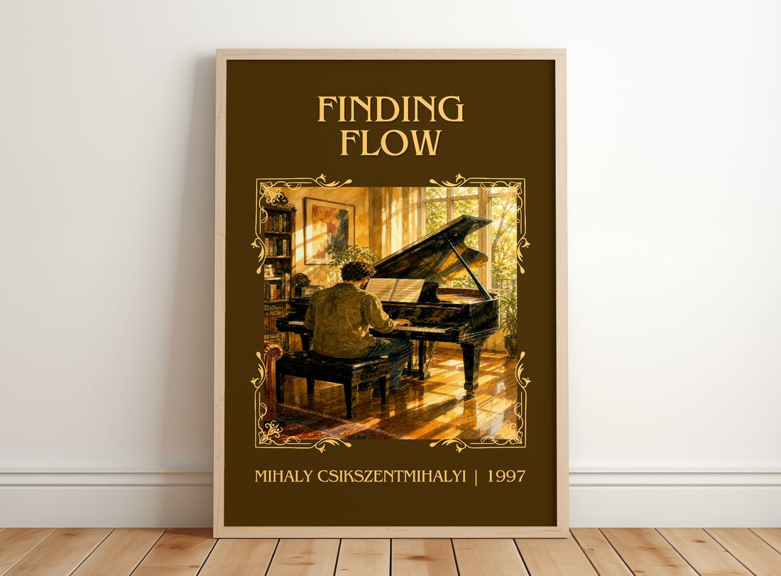 Finding flow Classic Book Art Print by Mihaly Csikszentmihalyi – framed print leaning on a wooden floor