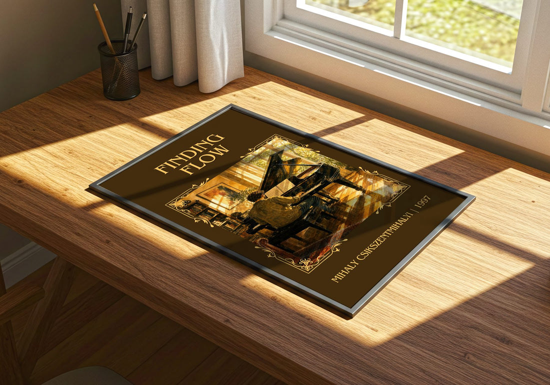 Finding flow Classic Book Art Print by Mihaly Csikszentmihalyi – print on a sunlit desk