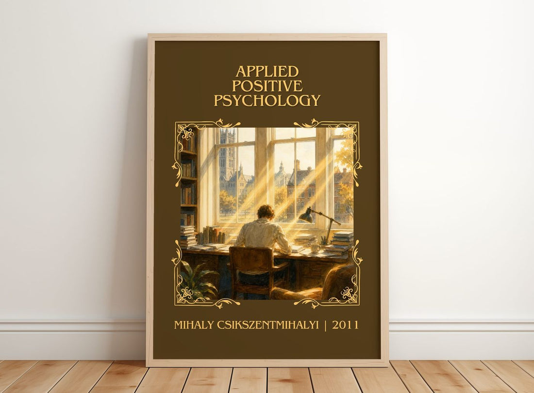 Applied positive psychology Classic Book Art Print – framed print leaning on a wooden floor