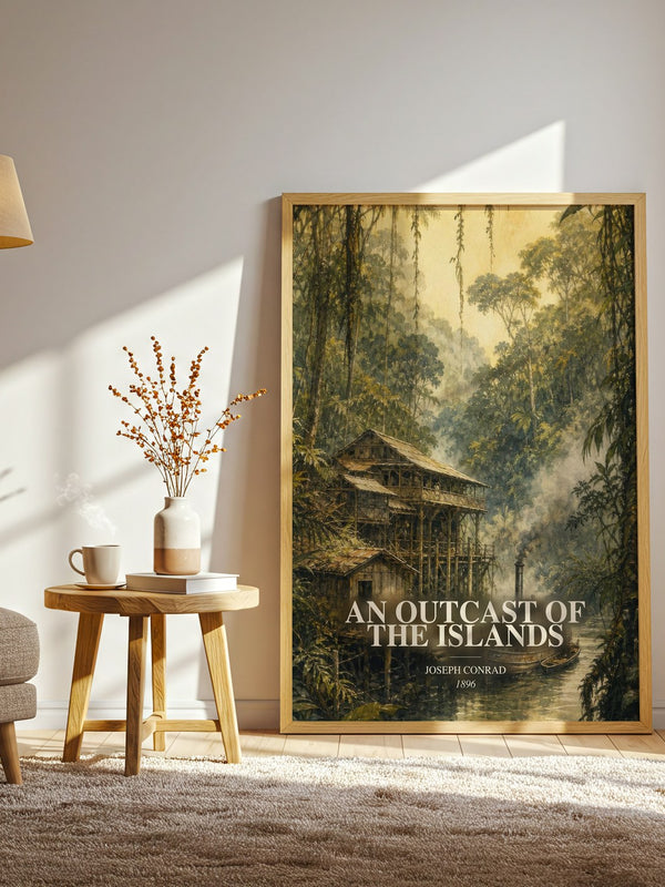 An Outcast Of The Islands watercolour print in frame leaning in hallway – classic literature wall art