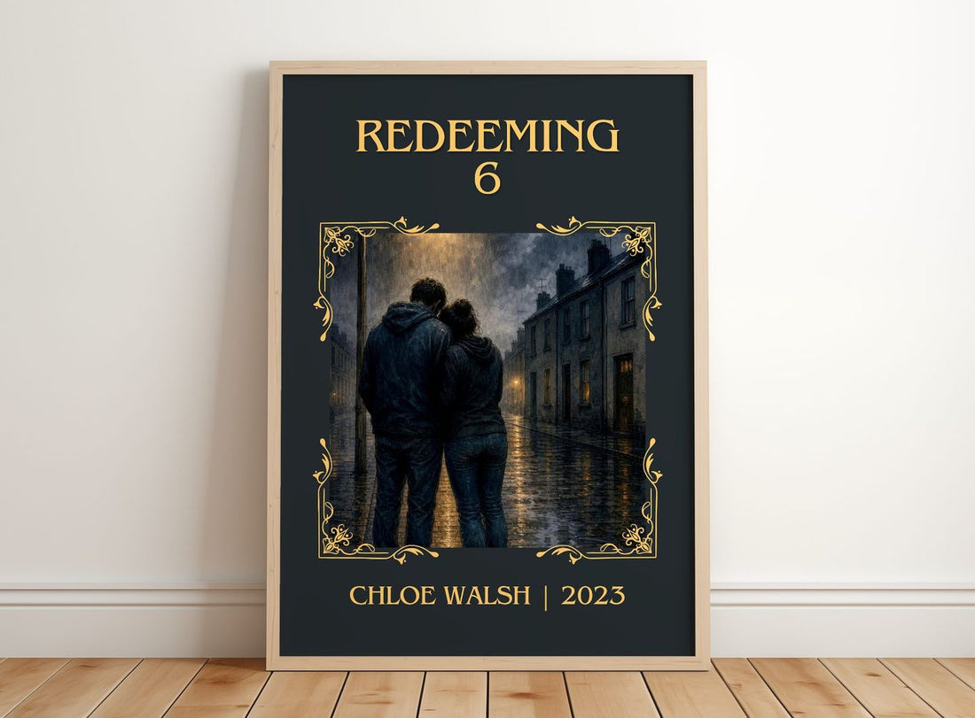 Redeeming 6 Classic Book Art Print by Chloe Walsh – framed print leaning on a wooden floor