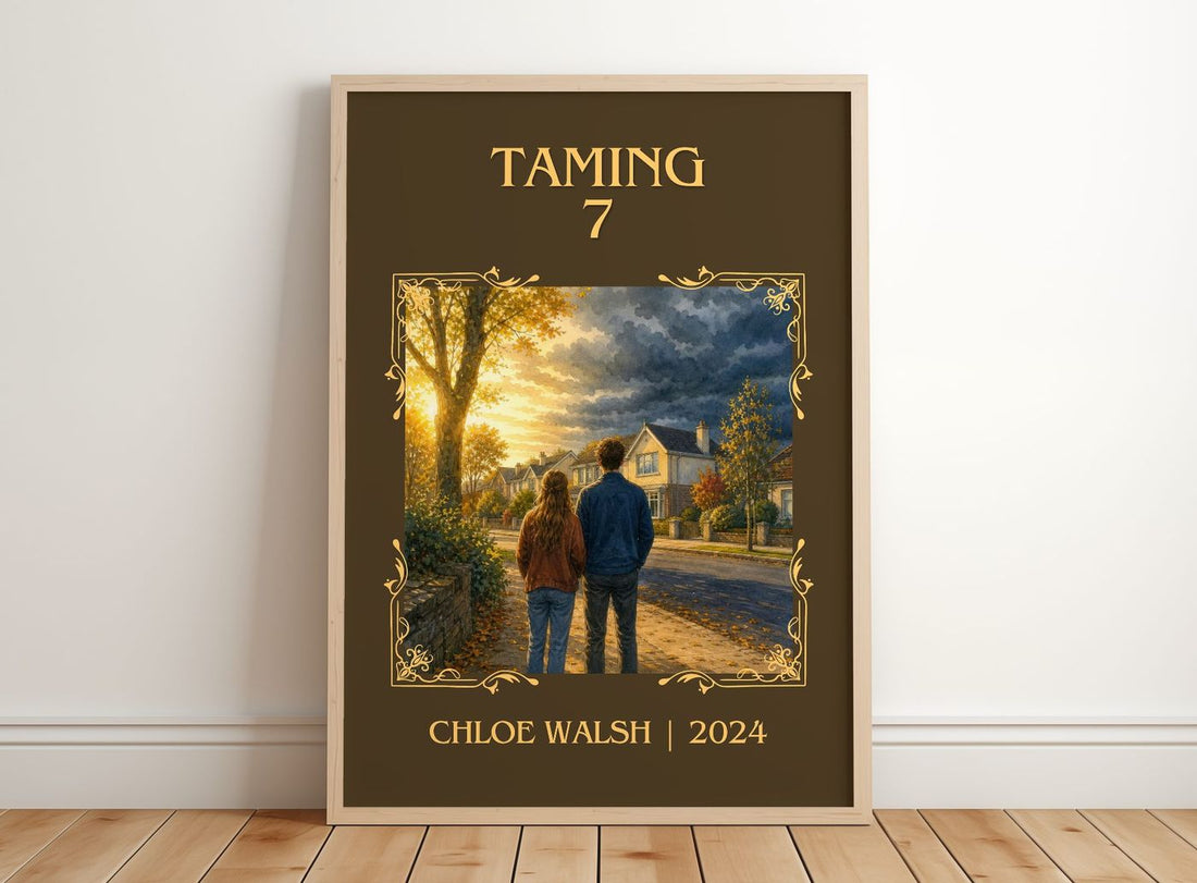 Taming 7 Classic Book Art Print by Chloe Walsh – framed print leaning on a wooden floor