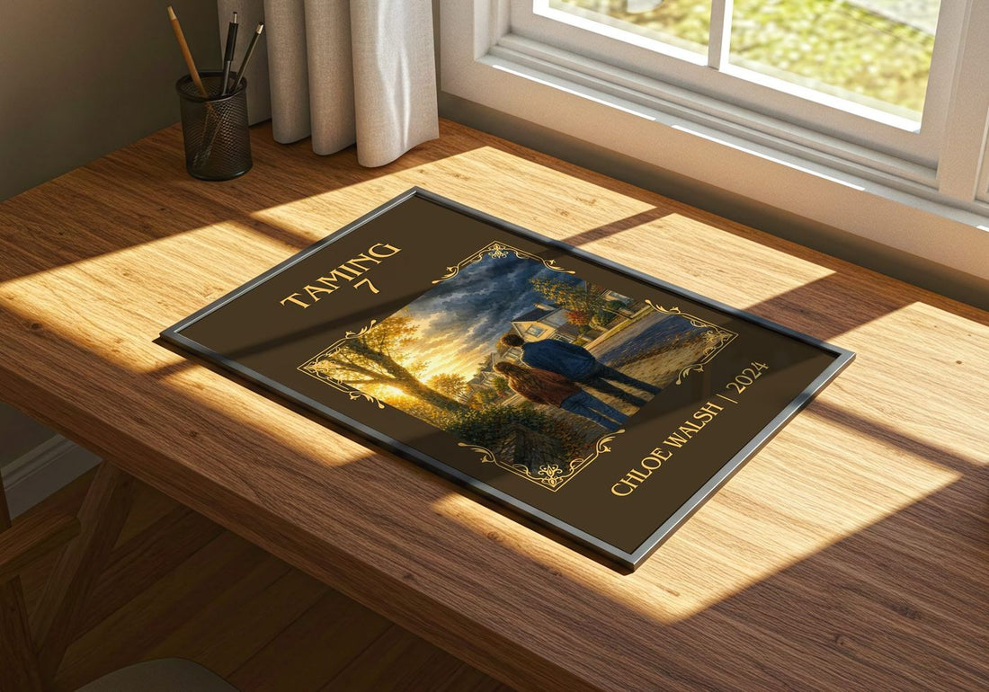 Taming 7 Classic Book Art Print by Chloe Walsh – print on a sunlit desk