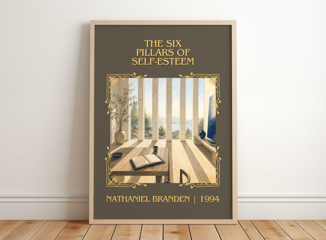 six pillars of self-esteem Classic Book Art Print by Nathaniel Branden – framed print leaning on a wooden floor