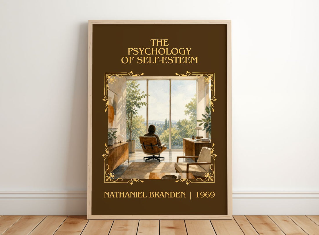 psychology of self-esteem Classic Book Art Print by Nathaniel Branden – framed print leaning on a wooden floor