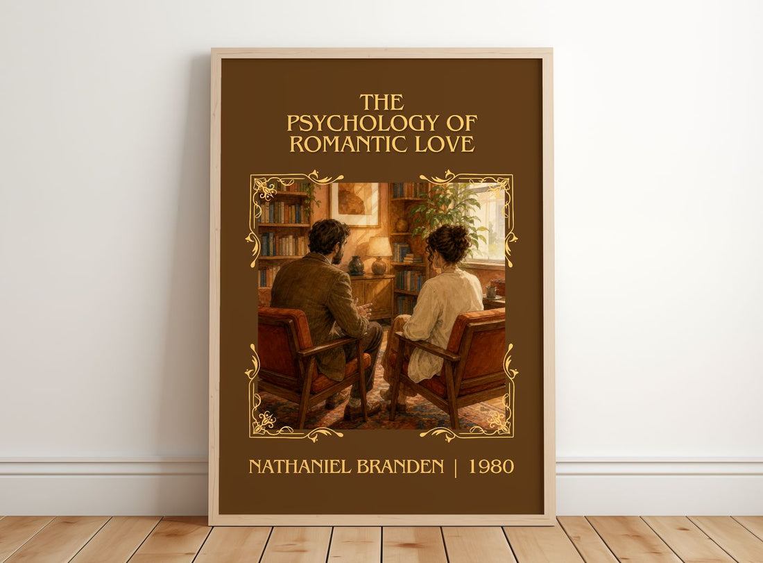 psychology of romantic love Classic Book Art Print by N. Branden – framed print leaning on a wooden floor