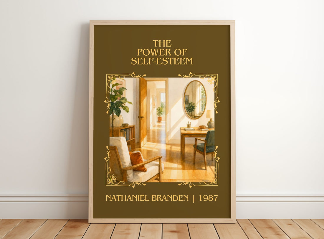 The power of self-esteem Classic Book Art Print by Nathaniel Branden – framed print leaning on a wooden floor