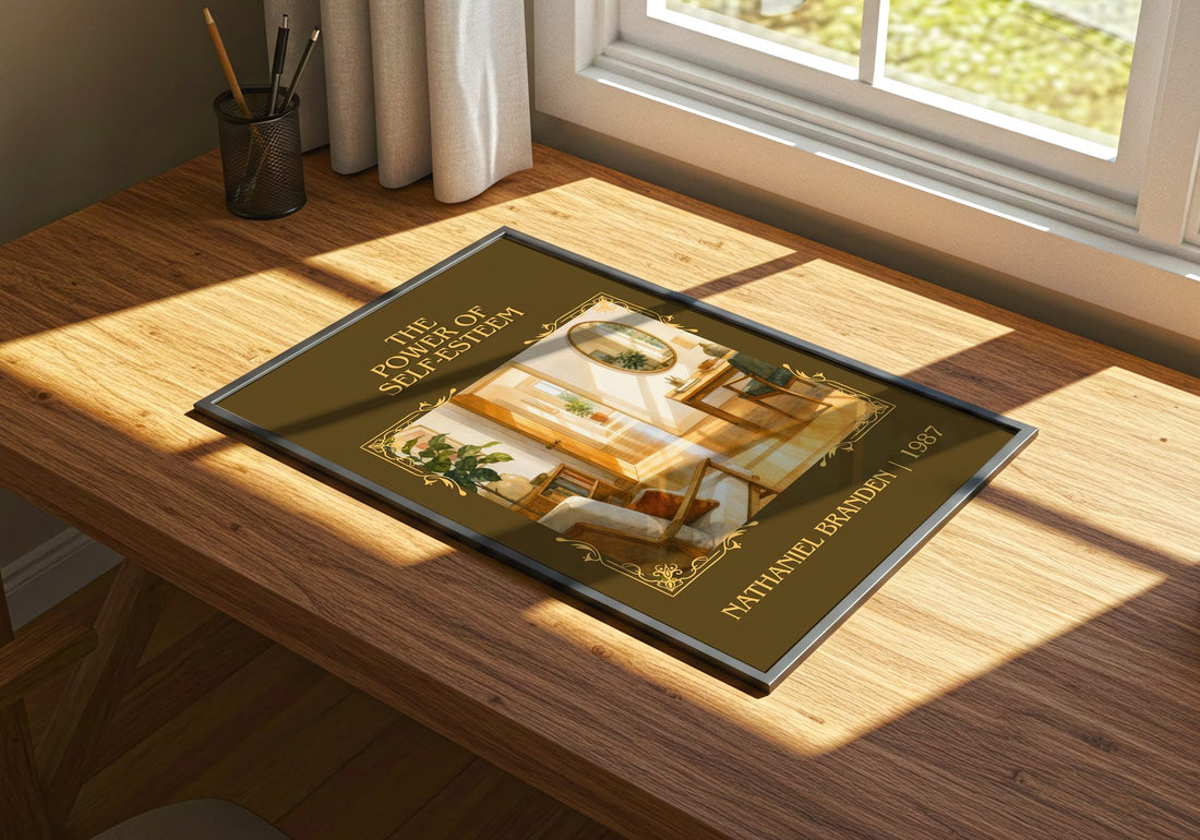 The power of self-esteem Classic Book Art Print by Nathaniel Branden – print on a sunlit desk