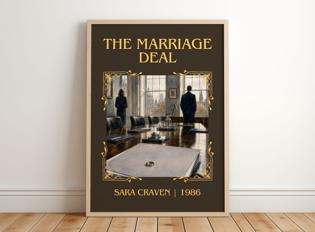 The Marriage Deal Classic Book Art Print by Sara Craven – framed print leaning on a wooden floor