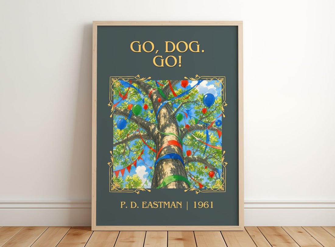 Go, Dog. Go! Classic Book Art Print by P. D. Eastman – framed print leaning on a wooden floor