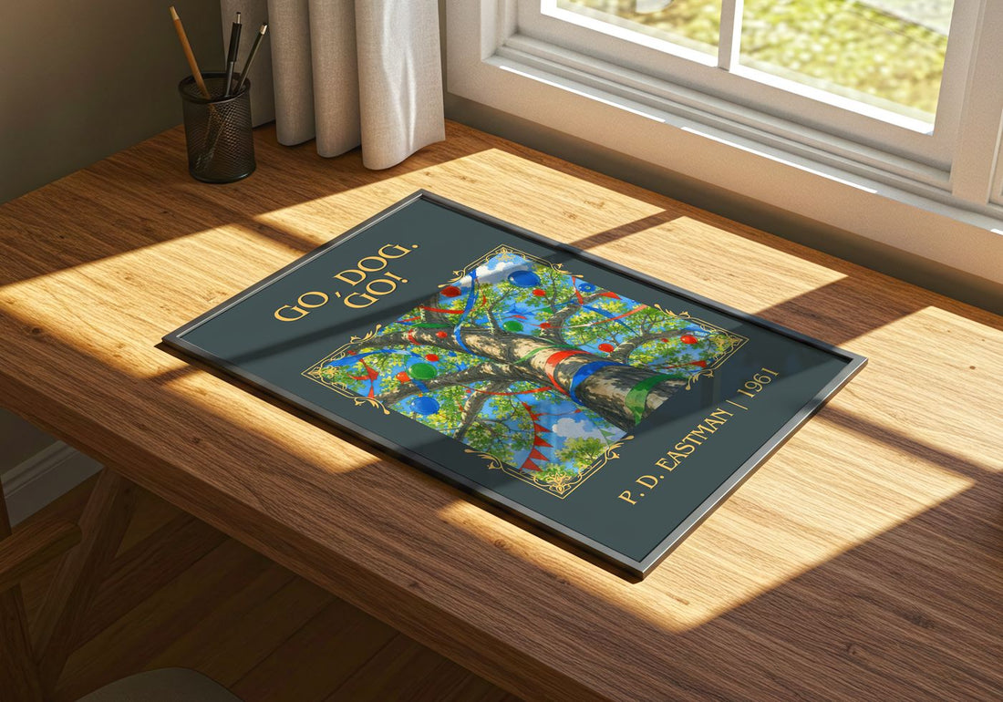 Go, Dog. Go! Classic Book Art Print by P. D. Eastman – print on a sunlit desk