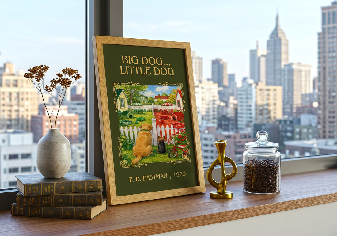 Big Dog... Little Dog Classic Book Art Print by P. D. Eastman – framed print on a city-view windowsill