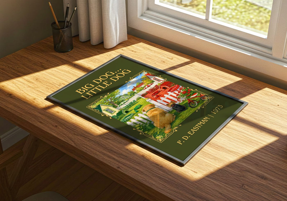Big Dog... Little Dog Classic Book Art Print by P. D. Eastman – print on a sunlit desk