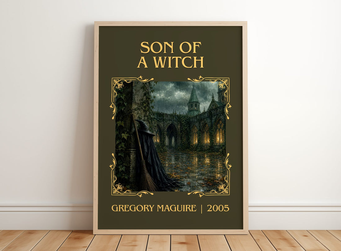 Son of a Witch Classic Book Art Print by Gregory Maguire – framed print leaning on a wooden floor