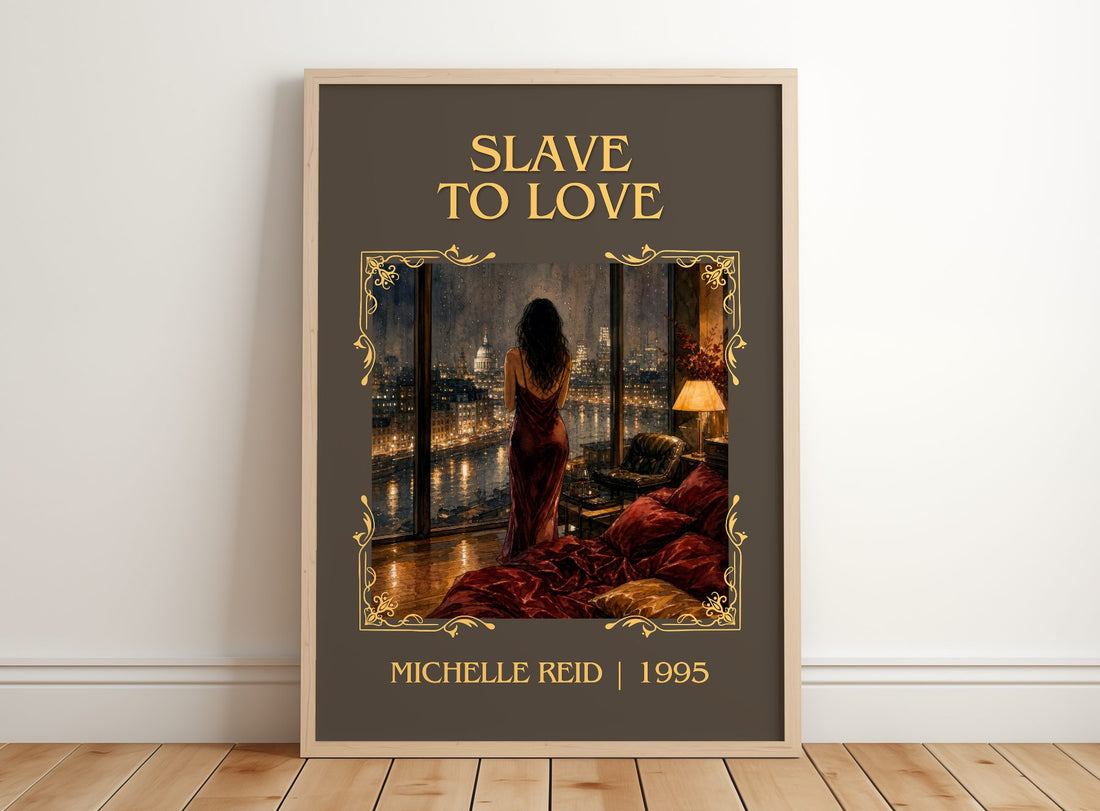 Slave to Love Classic Book Art Print by Michelle Reid – framed print leaning on a wooden floor