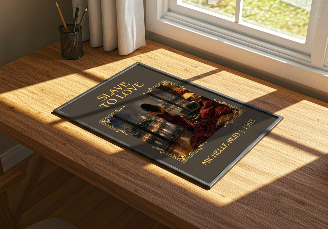 Slave to Love Classic Book Art Print by Michelle Reid – print on a sunlit desk