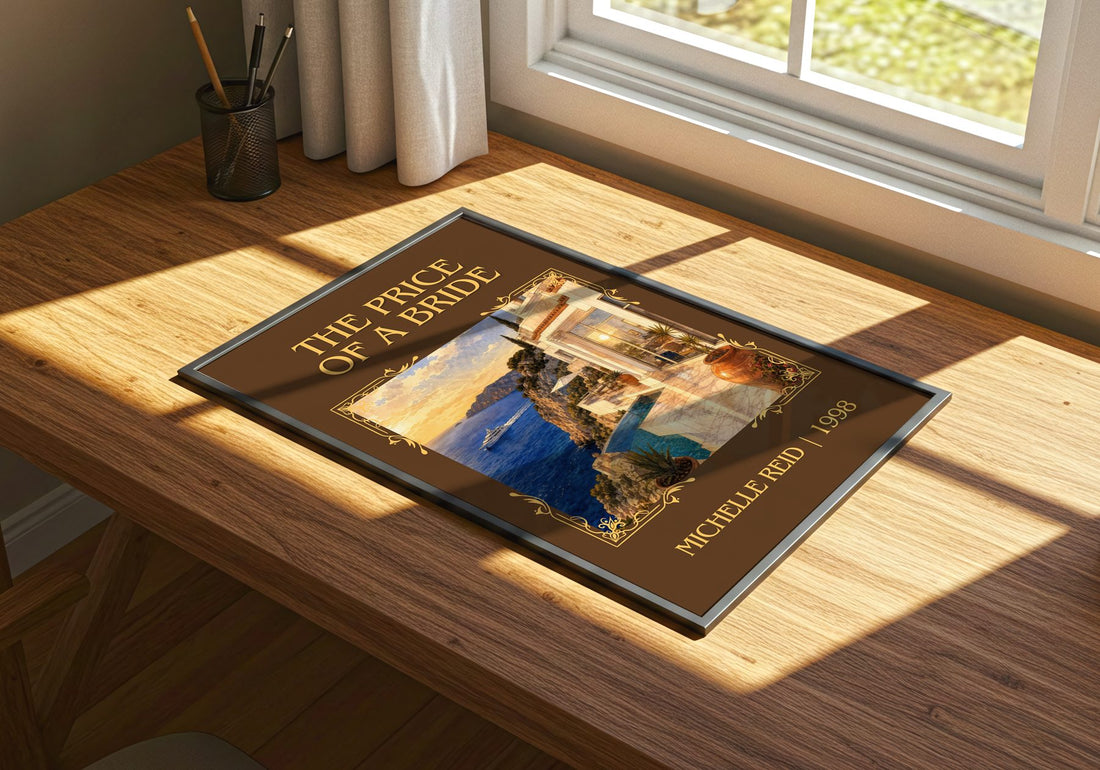 The Price of a Bride Classic Book Art Print by Michelle Reid – print on a sunlit desk
