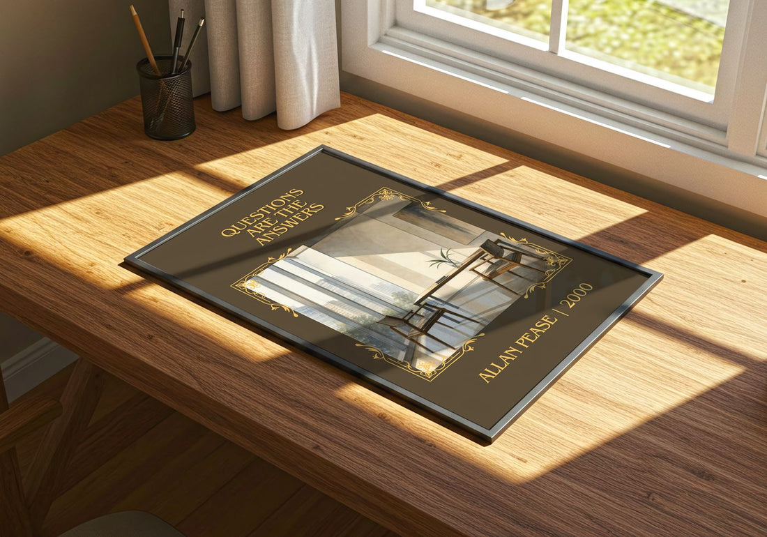 Questions Are the Answers Classic Book Art Print by Allan Pease – print on a sunlit desk
