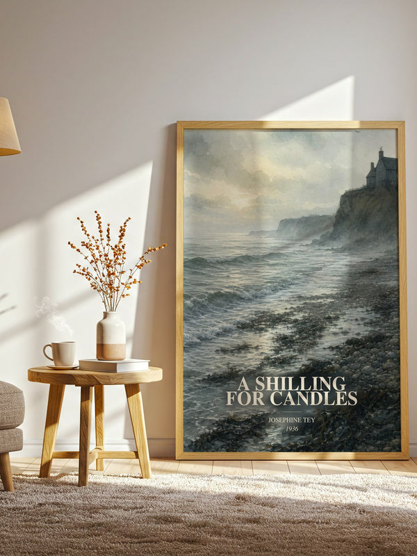 A Shilling For Candles watercolour print in frame leaning in hallway – mystery wall art
