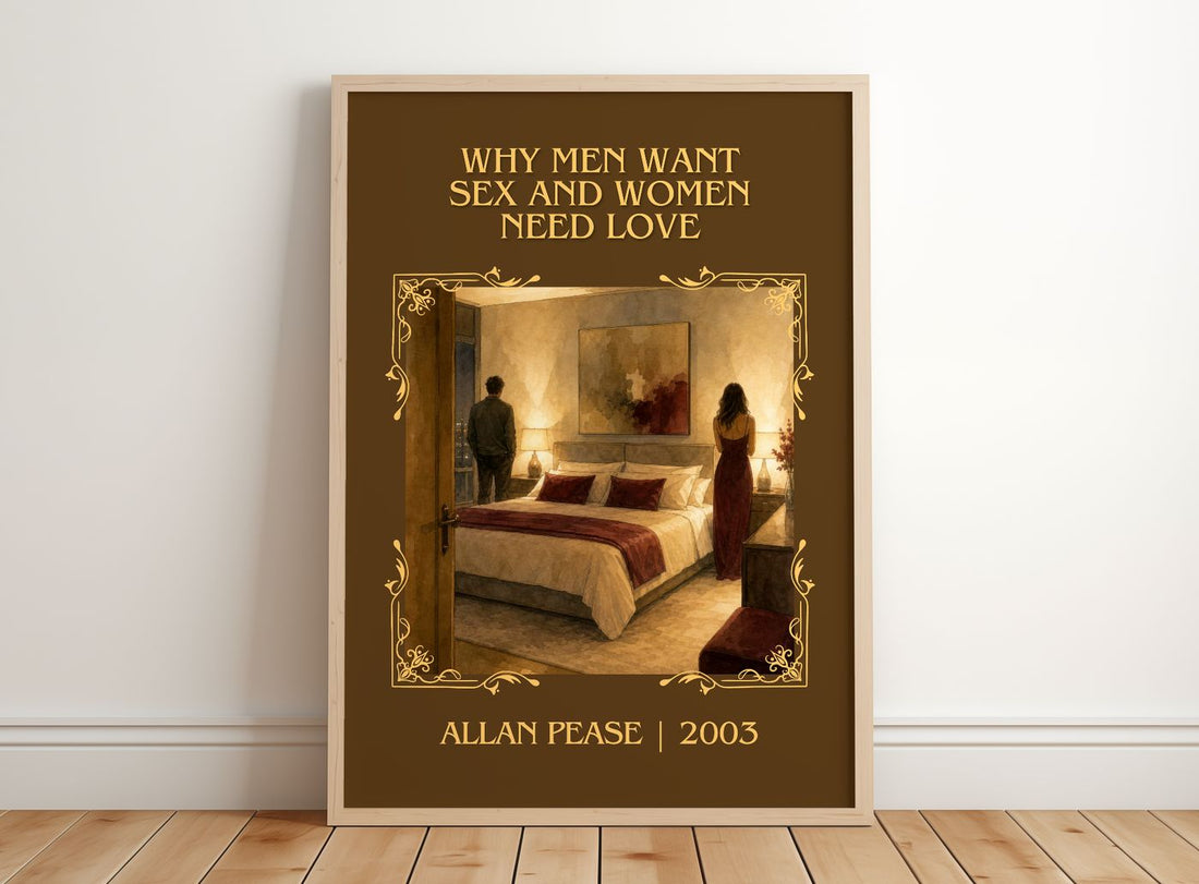 Why Men Want Sex and Women Need Love Classic Book Art Print by Allan Pease – framed print leaning on a wooden floor