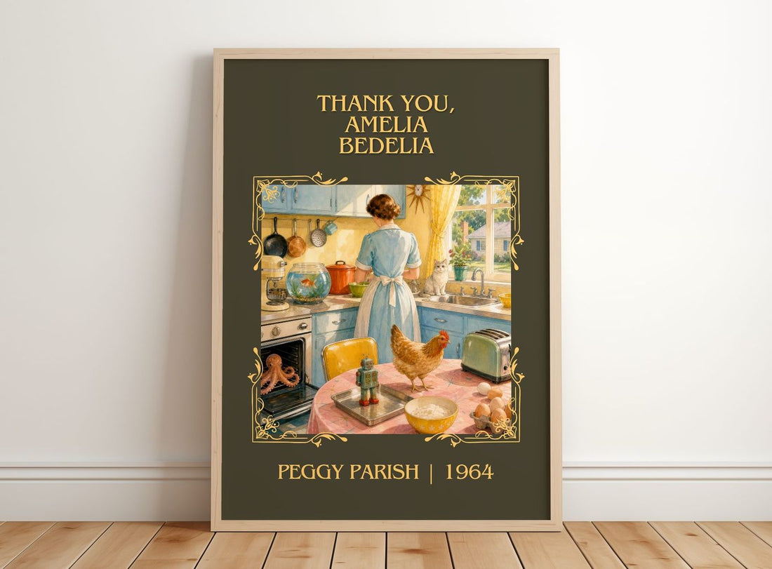 Thank You, Amelia Bedelia Classic Book Art Print by Peggy Parish – framed print leaning on a wooden floor