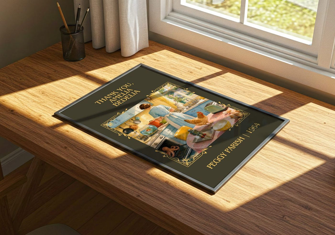 Thank You, Amelia Bedelia Classic Book Art Print by Peggy Parish – print on a sunlit desk